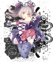 Rule 34 | 10s, 1girl, bare shoulders, detached sleeves, dress, drill hair, floral print, frilled thighhighs, frills, idolmaster, idolmaster cinderella girls, kanzaki ranko, koruta (nekoimo), long hair, open mouth, patterned legwear, print thighhighs, red eyes, silver hair, solo, thighhighs, twin drills, twintails