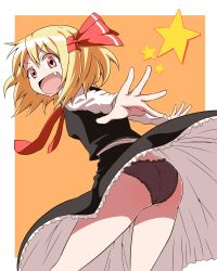 Rule 34 | 1girl, ass, black panties, blonde hair, fang, hair ribbon, long sleeves, looking at viewer, looking back, necktie, open mouth, outstretched arms, panties, pantyshot, red eyes, red necktie, ribbon, rumia, shinori, shirt, skirt, skirt set, smile, solo, star (symbol), touhou, underwear, upskirt, vest