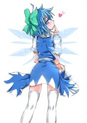 Rule 34 | 1girl, back, blue hair, blush, bow, cirno, finger to mouth, hair bow, heart, ice, ice wings, kirino souya, looking back, solo, thighhighs, touhou, white background, white thighhighs, wings