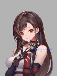 Rule 34 | 1girl, asymmetrical bangs, bare shoulders, black bra, black gloves, blue nails, bra, breasts, brown hair, crop top, earrings, elbow gloves, final fantasy, final fantasy vii, final fantasy vii remake, fingerless gloves, gloves, grey background, hand on own chest, jewelry, large breasts, long hair, looking at viewer, midriff, nail polish, red eyes, sasanomesi, shirt, sleeveless, sleeveless shirt, smile, solo, sports bra, tifa lockhart, underwear, upper body, white shirt