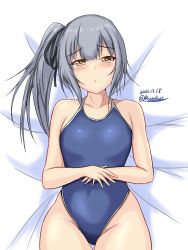 Rule 34 | 1girl, blue one-piece swimsuit, brown eyes, competition school swimsuit, cowboy shot, dated, flat chest, from above, grey hair, hands on own stomach, highres, kantai collection, kasumi (kancolle), long hair, montemasa, one-hour drawing challenge, one-piece swimsuit, school swimsuit, side ponytail, signature, solo, swimsuit, twitter username