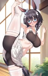 Rule 34 | 1girl, animal ears, arm up, armpits, bare arms, bare shoulders, bike shorts, bike shorts under skirt, blue eyes, blush, braid, breasts, brown hair, commentary request, commission, day, ear ornament, flexible, glasses, hand on wall, hand up, highres, holding leg, horse ears, horse girl, horse tail, indoors, large breasts, leg lift, leg up, linea alba, long hair, looking at viewer, miniskirt, multiple braids, navel, parted lips, shirokuma a, skeb commission, skindentation, skirt, solo, split, sports bra, spread legs, standing, standing on one leg, standing split, stomach, tail, thighhighs, umamusume, white thighhighs, wide spread legs, window, zenno rob roy (umamusume)