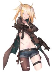 Rule 34 | 1girl, absurdres, bandaid, bandaid on face, belt, blonde hair, blue eyes, breasts, brown gloves, brown pantyhose, choker, coat, commentary request, deluxe&lt;&lt;&lt;, dual wielding, ear piercing, eyes visible through hair, freckles, gloves, groin, gun, h&amp;k mp5, heckler &amp; koch, highres, holding, looking at viewer, lowleg, original, pantyhose, parted lips, piercing, sarashi, scar, short shorts, shorts, simple background, small breasts, smirk, solo, stitches, submachine gun, thigh strap, torn clothes, torn pantyhose, twintails, weapon, white background
