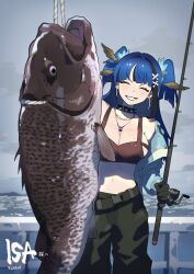 Rule 34 | 1girl, black gloves, black hair, black pants, blue hair, blue jacket, breasts, choker, cleavage, closed eyes, cloud, cloudy sky, commentary, earrings, english commentary, fish, fishing rod, gloves, grin, hair ornament, highres, holding, holding fishing rod, hoop earrings, indie virtual youtuber, isaa (vtuber), jacket, jewelry, large breasts, long hair, long sleeves, midriff, mole, mole under eye, multicolored hair, necklace, open clothes, open jacket, outdoors, pants, rope, second-party source, sky, smile, solo, spiked choker, spikes, streaked hair, sweat, syakunetuu, two side up, virtual youtuber, water, x hair ornament