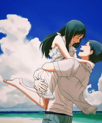 Rule 34 | 10s, 1boy, 1girl, ^ ^, alternate costume, ansatsu kyoushitsu, back, bad id, bad pixiv id, barefoot, beach, black hair, blue hair, carrying, casual, closed eyes, cloud, couple, day, dress, eyelashes, closed eyes, from side, hands on another&#039;s neck, happy, hetero, highres, jacket, kanzaki yukiko, laughing, long hair, ocean, open mouth, outdoors, parted lips, shishamo (abc shishamo), short sleeves, sleeveless, sleeveless dress, sugino tomohito, summer, sundress