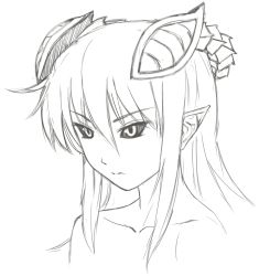 Rule 34 | 1girl, black sclera, closed mouth, collarbone, colored sclera, demon girl, greyscale, horns, lilim (monster girl encyclopedia), long hair, looking to the side, mari (maritan), maritan (pixelmaritan), monochrome, monster girl encyclopedia, nude, original, pointy ears, portrait, serious, simple background, solo, white background