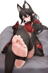Rule 34 | 1girl, absurdres, animal ear fluff, animal ears, bean bag chair, black choker, black hair, black jacket, black thighhighs, breasts, choker, closed mouth, collarbone, commission, convenient leg, crop top, extra ears, feet, foot focus, foreshortening, fox ears, hair between eyes, highres, jacket, leg tattoo, leg up, long hair, long sleeves, looking at viewer, naughty face, off shoulder, open clothes, open jacket, original, pharamacom, podo (hrodvitnir), pointy ears, ponytail, presenting foot, red eyes, red shirt, second-party source, shirt, simple background, sitting, sleeveless, sleeveless shirt, small breasts, smile, soles, solo, tattoo, thighhighs, thighs, toeless legwear, toes, tongue, tongue out, v, white background