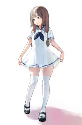 Rule 34 | 1girl, :3, black footwear, blue eyes, blue neckerchief, brown hair, dress, full body, highres, imoko394, long hair, mary janes, neckerchief, original, sailor collar, sailor dress, see-through silhouette, shoes, simple background, sketch, skirt hold, smile, thighhighs, white dress, white thighhighs