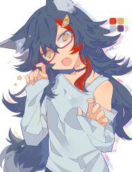 Rule 34 | 1girl, animal ear fluff, animal ears, auko, black hair, clothing cutout, color guide, commentary request, glasses, hololive, hood, hoodie, long hair, looking at viewer, messy hair, multicolored hair, ookami mio, ookami mio (casual), rectangular eyewear, red-framed eyewear, red hair, shirt, shoulder cutout, signature, simple background, single bare shoulder, sleeves past wrists, solo, star (symbol), streaked hair, tail, upper body, virtual youtuber, white background, white shirt, wolf ears, wolf girl, wolf tail, yellow eyes