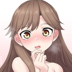 Rule 34 | 1girl, arashio (kancolle), blush, brown eyes, brown hair, collarbone, cypress, hair between eyes, kantai collection, long hair, looking at viewer, open mouth, portrait, simple background, solo, twitter username, white background