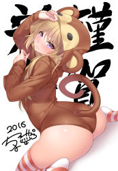 Rule 34 | 10s, 1girl, 2016, animal costume, arm up, ass, blonde hair, blush, chobipero, dutch angle, eyelashes, from behind, hair between eyes, highres, looking at viewer, monkey costume, nail polish, nose blush, original, pink nails, purple eyes, red thighhighs, short hair, short hair with long locks, simple background, sitting, skindentation, solo, striped clothes, striped thighhighs, thighhighs, thighs, wariza, wavy mouth, white background, white thighhighs