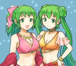 Rule 34 | 2girls, bow, bracelet, breasts, choker, cleavage, closed mouth, double bun, earrings, fire emblem, fire emblem: genealogy of the holy war, green eyes, green hair, hair bow, jewelry, lene (fire emblem), long hair, medium breasts, midriff, mother and daughter, multiple girls, navel, nintendo, open mouth, pink bow, pirihiba, ponytail, silvia (fire emblem), smile, twintails, twitter username, upper body