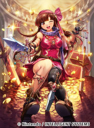 Rule 34 | 1girl, belt, blush, boots, bracelet, brown eyes, brown hair, chachie, coin, dagger, daisy (fire emblem), fingerless gloves, fire emblem, fire emblem: genealogy of the holy war, fire emblem cipher, gloves, headband, jewelry, knife, long hair, necklace, nintendo, official art, one eye closed, open mouth, ring, scarf, sitting, solo, sparkle, sword, teeth, weapon