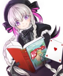 Rule 34 | 10s, 1girl, ace (playing card), ace of hearts, alice (alice in wonderland), alice in wonderland, bad id, bad pixiv id, bbci, black bow, black bowtie, black dress, black gloves, black hat, blurry, blurry foreground, book, bow, bowtie, braid, card, closed mouth, commentary request, depth of field, dress, dutch angle, elbow gloves, fate/extra, fate (series), frilled sleeves, frills, gloves, hair between eyes, hair bow, hat, heart, holding, holding book, long hair, looking at viewer, low twintails, nursery rhyme (fate), open book, playing card, puffy short sleeves, puffy sleeves, purple eyes, short sleeves, silver hair, simple background, smile, solo, striped bow, striped bowtie, striped clothes, striped neckwear, twin braids, twintails, very long hair, white background, white bow