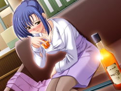 Rule 34 | 1girl, alcohol, blue hair, blush, box, breasts, brown eyes, cardboard box, cleavage, unworn clothes, couch, cup, dress shirt, drinking glass, formal, game cg, grey pantyhose, hair bun, hand on own thigh, hirano touko, hisame genta, holding, indoors, jacket, kikaijikake no eve, large breasts, leaning forward, lens flare, light smile, lipstick, long sleeves, looking at viewer, makeup, mature female, outline, pantyhose, pencil skirt, shirt, short hair, sidelocks, single hair bun, sitting, skirt, skirt suit, smile, solo, source request, suit, taut clothes, toshizoo, white shirt
