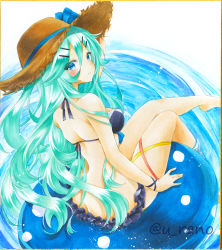 Rule 34 | 1girl, armlet, bare legs, barefoot, bikini, commentary request, green hair, hair between eyes, hair flaps, hair ornament, hairclip, hat, highres, innertube, kantai collection, long hair, looking at viewer, looking back, marker (medium), parted bangs, ponytail, rano (u rano), ribbon, sidelocks, sitting, smile, solo, straw hat, swim ring, swimsuit, traditional media, yamakaze (kancolle)