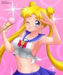 Rule 34 | 1girl, absurdres, bishoujo senshi sailor moon, blonde hair, blue eyes, blue skirt, blush, bow, bowtie, breasts, brooch, bubble background, collarbone, crescent, crescent earrings, crop top, double bun, earrings, food, hair bun, highres, holding, ice cream, ice cream cone, jewelry, large breasts, long hair, looking at viewer, midriff, navel, pink background, red neckwear, salute, shirt, skirt, smile, standing, star (symbol), star earrings, tied shirt, tongue, tongue out, tsukino usagi, twintails, white shirt, wink, zel-sama