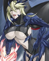 Rule 34 | 1girl, armor, artoria pendragon (fate), artoria pendragon (lancer) (fate), artoria pendragon (lancer alter) (fate), blonde hair, breasts, covered erect nipples, fate/grand order, fate (series), female focus, highres, huge breasts, midriff, navel, nipples, open mouth, saber (fate), saber alter, solo, takara joney, underboob, yellow eyes