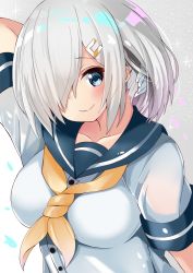 Rule 34 | 10s, 1girl, arm behind head, blue eyes, blush, breasts, collarbone, gloves, hair ornament, hair over one eye, hairclip, hamakaze (kancolle), hidaka0503, kantai collection, large breasts, looking at viewer, school uniform, serafuku, short hair, silver hair, smile, solo, sparkle, white gloves