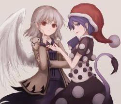 Rule 34 | 2girls, absurdres, bad id, bad pixiv id, blue eyes, blue hair, book, bow, bowtie, braid, doremy sweet, dress, feathered wings, french braid, grey background, hand on own cheek, hand on own face, hat, highres, holding, holding book, jacket, kishin sagume, long sleeves, looking at viewer, looking to the side, multiple girls, nightcap, open clothes, open jacket, open mouth, pom pom (clothes), profile, purple dress, red eyes, short hair, short sleeves, silver hair, simple background, single wing, tail, tapir tail, thkani, touhou, white wings, wings