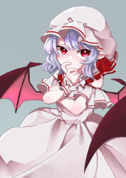 Rule 34 | 1girl, adapted costume, bat wings, breasts, closed mouth, cowboy shot, crossed arms, dress, grey background, hand on own chin, hat, highres, looking at viewer, medium hair, miyangoroge, mob cap, pink dress, pink hat, pointy ears, purple hair, red eyes, remilia scarlet, simple background, small breasts, solo, touhou, wings, wrist cuffs