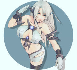 Rule 34 | 1girl, alva, bad id, bad pixiv id, blue eyes, breasts, from above, gloves, large breasts, lips, long hair, looking at viewer, navel, out of frame, parted lips, perspective, solo, thighhighs, white hair