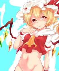 Rule 34 | 1girl, ascot, bad id, bad pixiv id, blonde hair, bottomless, bow, cowboy shot, flandre scarlet, groin, hair between eyes, hat, hat bow, looking at viewer, mob cap, navel, out-of-frame censoring, paragasu (parags112), red bow, red eyes, short sleeves, side ponytail, solo, touhou, white hat