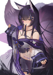 Rule 34 | 1girl, a fangfang fang fang, absurdres, adapted costume, ahoge, animal ears, azur lane, bandaid, bandaid on face, bare shoulders, black hair, black necktie, black skirt, blue bow, blue gemstone, blush, bow, breasts, chest tattoo, cleavage, cowboy shot, facial mark, fox ears, fox girl, fox tail, gem, hair between eyes, hair bow, hair ornament, hairclip, heart, heart tattoo, highres, kitsune, large breasts, long hair, looking at viewer, miniskirt, mouth hold, multiple tails, musashi (azur lane), necktie, necktie in mouth, off shoulder, pleated skirt, pocket, purple bow, school uniform, see-through, see-through shirt, sidelocks, simple background, skirt, sleeves past wrists, solo, tail, tattoo, very long hair, whisker markings, white background, wide sleeves, x hair ornament, yellow eyes