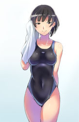 Rule 34 | 1girl, amagami, black eyes, black hair, black one-piece swimsuit, breasts, competition swimsuit, covered navel, cowboy shot, looking at viewer, medium breasts, one-piece swimsuit, ponytail, powerhamuhamu, short hair, short ponytail, smile, solo, standing, swimsuit, towel, tsukahara hibiki