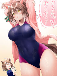 Rule 34 | 2girls, ahoge, animal ears, arms up, blush, breast envy, breasts, brown eyes, brown hair, competition swimsuit, dantsu flame (umamusume), highres, horse ears, horse girl, horse tail, jacket, large breasts, medium hair, multiple girls, one-piece swimsuit, open mouth, red hayao, swimsuit, tail, thighs, translation request, umamusume, wet, white background