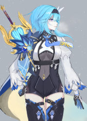 Rule 34 | 1girl, black gloves, black hairband, black leotard, black thighhighs, blue cape, blue hair, blue necktie, blush, breasts, breath, cape, center opening, commentary request, covered navel, eula (genshin impact), expressionless, eyelashes, genshin impact, gloves, greatsword, grey background, hair ornament, hairband, hand on own hip, highres, juliet sleeves, kuro wa shinoru, large breasts, leotard, long sleeves, looking to the side, medium hair, necktie, parted lips, puffy sleeves, purple eyes, sidelocks, simple background, skindentation, solo, standing, sword, thighhighs, thighs, two-tone gloves, vision (genshin impact), weapon, weapon on back, wide sleeves