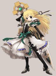 Rule 34 | 1girl, armor, armored dress, blonde hair, blue eyes, full body, grey background, holding, holding sword, holding weapon, huge weapon, legs apart, long hair, pota, pota (nabrinko), solo, standing, sword, torn clothes, weapon, yggdra union, yggdra yuril artwaltz