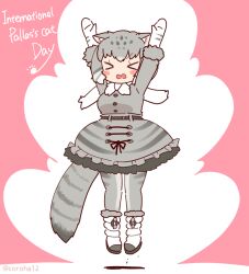 Rule 34 | 1girl, animal ears, arms up, belt, boots, cat ears, cat girl, cat tail, closed eyes, coroha, extra ears, full body, gloves, grey hair, jacket, jumping, kemono friends, pallas&#039;s cat (kemono friends), pantyhose, pink background, scarf, short hair, simple background, skirt, solo, tail