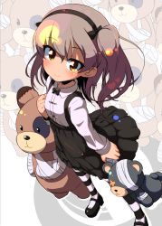 Rule 34 | 10s, 1girl, animal print, bandages, bear print, black bow, black bowtie, black footwear, black ribbon, black skirt, black thighhighs, boko (girls und panzer), bow, bowtie, brown eyes, cast, casual, closed mouth, collared shirt, full body, girls und panzer, hair ribbon, high-waist skirt, holding, holding stuffed toy, layered skirt, light brown hair, long hair, long sleeves, looking at viewer, mary janes, ribbon, shimada arisu, shirt, shoes, side ponytail, skirt, smile, solo, standing, striped clothes, striped thighhighs, stuffed animal, stuffed toy, suspender skirt, suspenders, sw (taco), teddy bear, thighhighs, white shirt