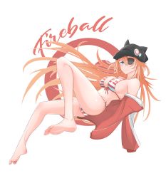 Rule 34 | 1girl, absurdres, artist request, ass, bare legs, barefoot, bikini, blue eyes, breasts, brown hair, closed mouth, expressionless, eyepatch, full body, hair between eyes, hair ornament, hat, highres, interface headset, jacket, large breasts, long hair, looking at viewer, neon genesis evangelion, open clothes, open jacket, rebuild of evangelion, shiny clothes, side-tie bikini bottom, solo, souryuu asuka langley, striped bikini, striped clothes, swimsuit, toes, very long hair, wide hips