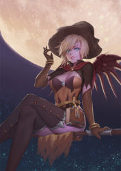 Rule 34 | 1girl, bangle, blonde hair, blue eyes, bodice, book, bracelet, breasts, brooch, broom, broom riding, brown gloves, brown thighhighs, capelet, cleavage, crossed legs, earrings, elbow gloves, eyes visible through hair, full moon, gloves, halloween costume, hand on headwear, hat, jewelry, looking at viewer, mechanical wings, medium breasts, mercy (overwatch), moon, night, night sky, nose, official alternate costume, outdoors, overwatch, overwatch 1, parted lips, pelvic curtain, short sleeves, sidesaddle, sky, smile, solo, star (sky), starry sky, thighhighs, wings, witch, witch hat, witch mercy, xian yu mo ren