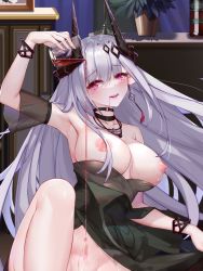 Rule 34 | 1girl, arknights, arm garter, arm up, armpits, bangle, black choker, black dress, blush, bracelet, breasts, breasts out, chinese commentary, choker, cross, cross necklace, cup, dakimakura (medium), demon horns, dress, earrings, feet out of frame, grey hair, hair ornament, holding, holding cup, horns, infection monitor (arknights), jewelry, lactation, large breasts, long hair, looking at viewer, misheng liu yin, mudrock (arknights), mudrock (obsidian) (arknights), necklace, nipples, no panties, official alternate costume, out-of-frame censoring, parted lips, pink eyes, pointy ears, pouring, pouring onto self, see-through, single earring, sitting, smile, solo, spilling, strapless, strapless dress, sweat, tassel, thighs, very long hair