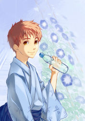 Rule 34 | 1boy, catenated, emiya shirou, fate/stay night, fate (series), flower, japanese clothes, kimono, male focus, morning glory, ramune, red hair, solo, yellow eyes, aged down