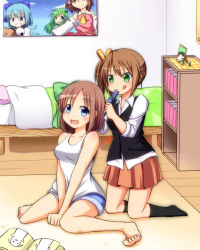 Rule 34 | 2girls, :d, artist self-insert, ascot, bare shoulders, barefoot, bed, bedroom, black legwear, blue eyes, blue hair, blush, bow, breasts, brown hair, brushing hair, cirno, collared shirt, detached sleeves, drawing (object), green eyes, green hair, hair bow, hair tubes, hakurei reimu, ice, ice wings, indoors, kneeling, kochiya sanae, legs, looking at viewer, miniskirt, multiple girls, nitizyo, open mouth, original, picture frame, playing with another&#039;s hair, poster (object), pyonta, red eyes, shirt, short hair, shorts, side ponytail, sitting, skirt, smile, socks, tank top, tongue, tongue out, touhou, v arms, vest, wariza, wings