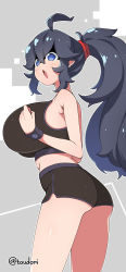Rule 34 | 1girl, @ @, absurdres, ahoge, alternate breast size, artist name, ass, bare shoulders, blue eyes, breasts, cowboy shot, creatures (company), dolphin shorts, from side, game freak, grey background, hair between eyes, hex maniac (pokemon), highres, huge breasts, long hair, midriff, nintendo, open mouth, pokemon, pokemon xy, ponytail, shorts, sidelocks, solo, sportswear, toudori, two-tone background, wristband