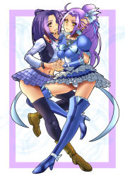 Rule 34 | 10s, 1girl, alternate breast size, black thighhighs, blue dress, blue thighhighs, boots, bracelet, breast press, breasts, brooch, choker, covered erect nipples, cure beat, dress, dual persona, frills, grabbing another&#039;s chin, hair ornament, hairpin, hand on another&#039;s chin, heart, holding hands, jewelry, kurokawa eren, long hair, magical girl, midriff, navel, necklace, panties, pantyshot, ponytail, precure, puffy sleeves, purple hair, rynex3159, seiren (suite precure), shoes, skirt, smile, suite precure, thigh boots, thighhighs, underwear, upskirt, vest, white panties, wrist cuffs, yellow eyes