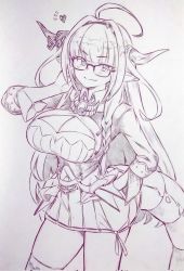 Rule 34 | 1girl, ahoge, braid, breasts, cleavage, closed mouth, commentary request, corrupted twitter file, dragon horns, dragon tail, fang, glasses, hairband, hand on own hip, heart, highres, hololive, horns, kiryu coco, kiryu coco (1st costume), large breasts, long hair, looking at viewer, monochrome, pointy ears, single braid, skin fang, skirt, smile, solo, standing, tail, thighhighs, thighs, traditional media, tsukareta san, virtual youtuber