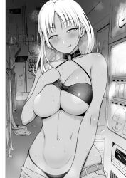 Rule 34 | 1girl, :p, belt, bikini, bikini top lift, blush, breasts, bright pupils, choker, cleavage, clothes lift, clothes pull, cowboy shot, diisuke, earrings, exhibitionism, greyscale, gyaru, half-closed eyes, jewelry, large areolae, large breasts, lifted by self, light areolae, long hair, looking at viewer, monochrome, nijisanji, nipples, o-ring, o-ring choker, outdoors, pants, pants pull, public indecency, pulled by self, smile, solo, standing, steaming body, swimsuit, todoroki kyouko, tongue, tongue out, vending machine, virtual youtuber, white pupils