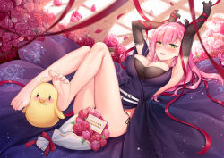 Rule 34 | 1girl, armpits, arms up, azur lane, barefoot, belt, bird, black dress, black panties, blurry, blush, bouquet, breasts, brown gloves, chick, cleavage, covered erect nipples, depth of field, dress, elbow gloves, feet, feet on toy, flower, gloves, green eyes, highres, large breasts, legs up, long dress, long hair, looking at viewer, lying, manjuu (azur lane), memphis (azur lane), on back, on floor, open mouth, panties, pink flower, pink hair, red ribbon, revision, ribbon, rose, side-tie panties, side slit, silveroid, sleeveless, sleeveless dress, smile, solo, thighs, tile floor, tiles, underwear