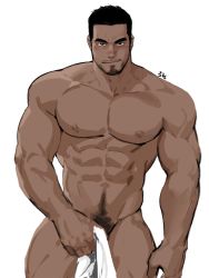 Rule 34 | 1boy, abs, bara, bare pectorals, beard, blush, covering crotch, covering privates, cowboy shot, dark-skinned male, dark skin, dopey (dopq), facial hair, highres, large pectorals, looking at viewer, male focus, male pubic hair, mature male, muscular, muscular male, naked towel, navel, navel hair, nipples, nude cover, original, pectorals, penis, pubic hair, short hair, sideburns, smirk, smug, solo, stomach, thick thighs, thighs, towel, white background