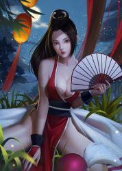 Rule 34 | 1girl, breasts, cleavage, fatal fury, highres, large breasts, night, ponytail, qianyu mo, shiranui mai, solo