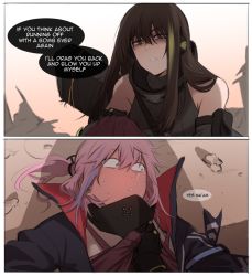 Rule 34 | 2girls, black hair, blush, comic, english text, full-face blush, girls&#039; frontline, green hair, hair between eyes, jacket, long hair, looking away, m4a1 (girls&#039; frontline), m4a1 (mod3) (girls&#039; frontline), maiqo, mod3 (girls&#039; frontline), multicolored hair, multiple girls, parted lips, pink hair, scarf, shaded face, st ar-15 (girls&#039; frontline), st ar-15 (mod3) (girls&#039; frontline), streaked hair, sweat