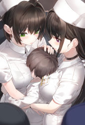 Rule 34 | 1boy, 2girls, between breasts, black choker, blush, bra visible through clothes, breast pocket, breast smother, breasts, brown hair, child, choker, commentary request, eyebrows hidden by hair, face to breasts, faceless, faceless male, from above, green eyes, hair between eyes, hair intakes, hair ornament, hand on another&#039;s head, hat, head between breasts, highres, hug, id card, kfr, large breasts, long hair, looking at another, multiple breast smother, multiple girls, nurse, nurse cap, original, pocket, purple eyes, sandwiched, see-through, shirt, short hair, short sleeves, sidelocks, sweatdrop, watch, white shirt, wristwatch