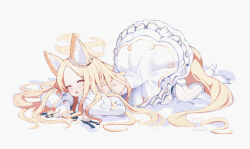Rule 34 | 1girl, absurdres, animal ears, backless dress, backless outfit, blonde hair, blue archive, bow, bright pupils, commentary, detached sleeves, dress, flower, flower wreath, forehead, fox ears, fox girl, frilled dress, frills, gradient eyes, hair flower, hair ornament, halo, high heels, highres, long hair, long sleeves, looking at viewer, multicolored eyes, open mouth, orange eyes, parted bangs, puffy long sleeves, puffy sleeves, seia (blue archive), sleeves past fingers, sleeves past wrists, smile, solo, striped clothes, striped thighhighs, tail, tail bow, tail ornament, thighhighs, top-down bottom-up, vertical-striped clothes, vertical-striped thighhighs, very long hair, white bow, white dress, white footwear, white pupils, white thighhighs, xintianou, yellow eyes