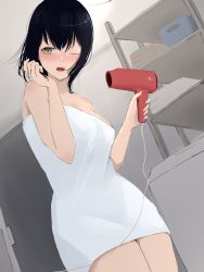 Rule 34 | 1girl, 73suke, absurdres, black hair, brown eyes, cowboy shot, dutch angle, haguro (kancolle), hair dryer, highres, kantai collection, looking at viewer, naked towel, one eye closed, shelf, short hair, solo, towel, translation request, white towel